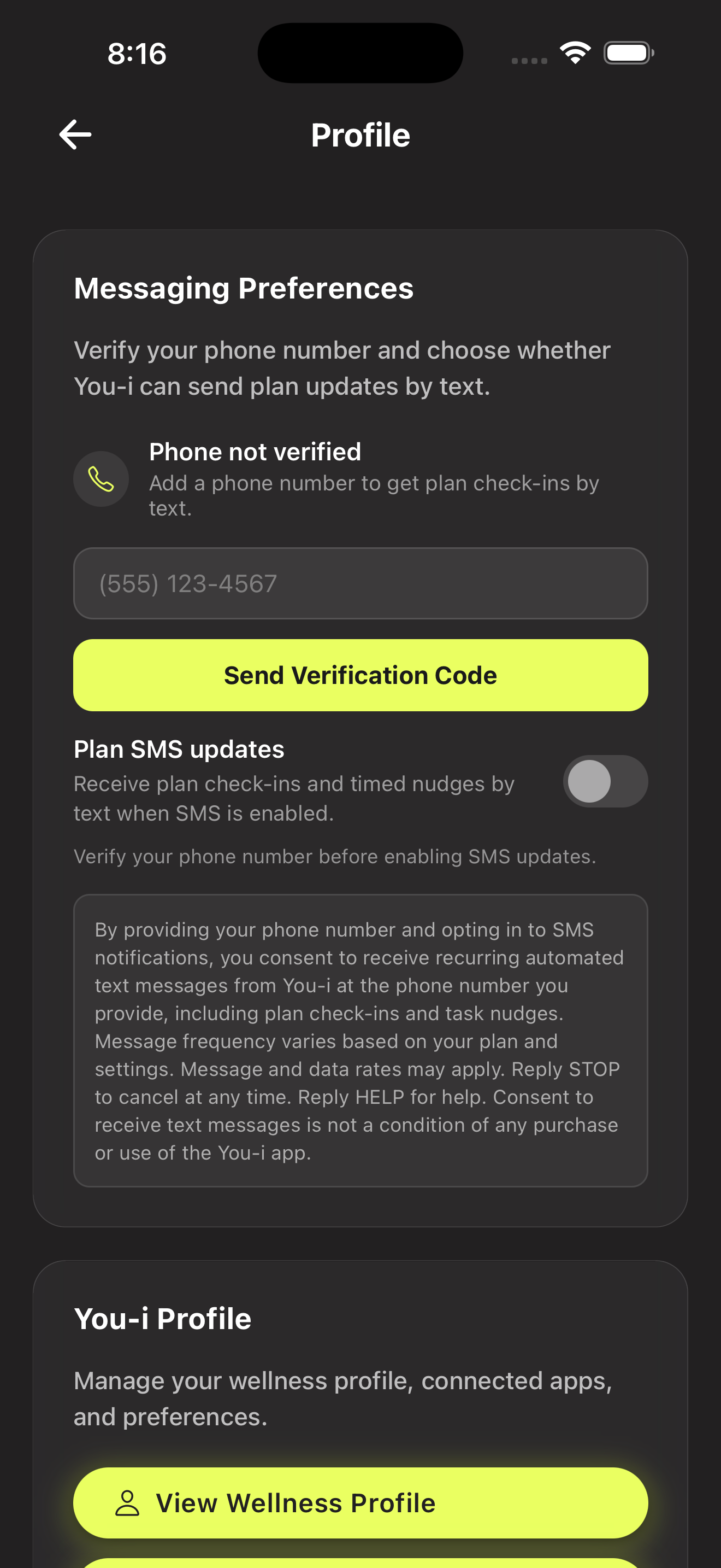 You-i app — phone number entered, Send Verification Code button visible, consent language visible
