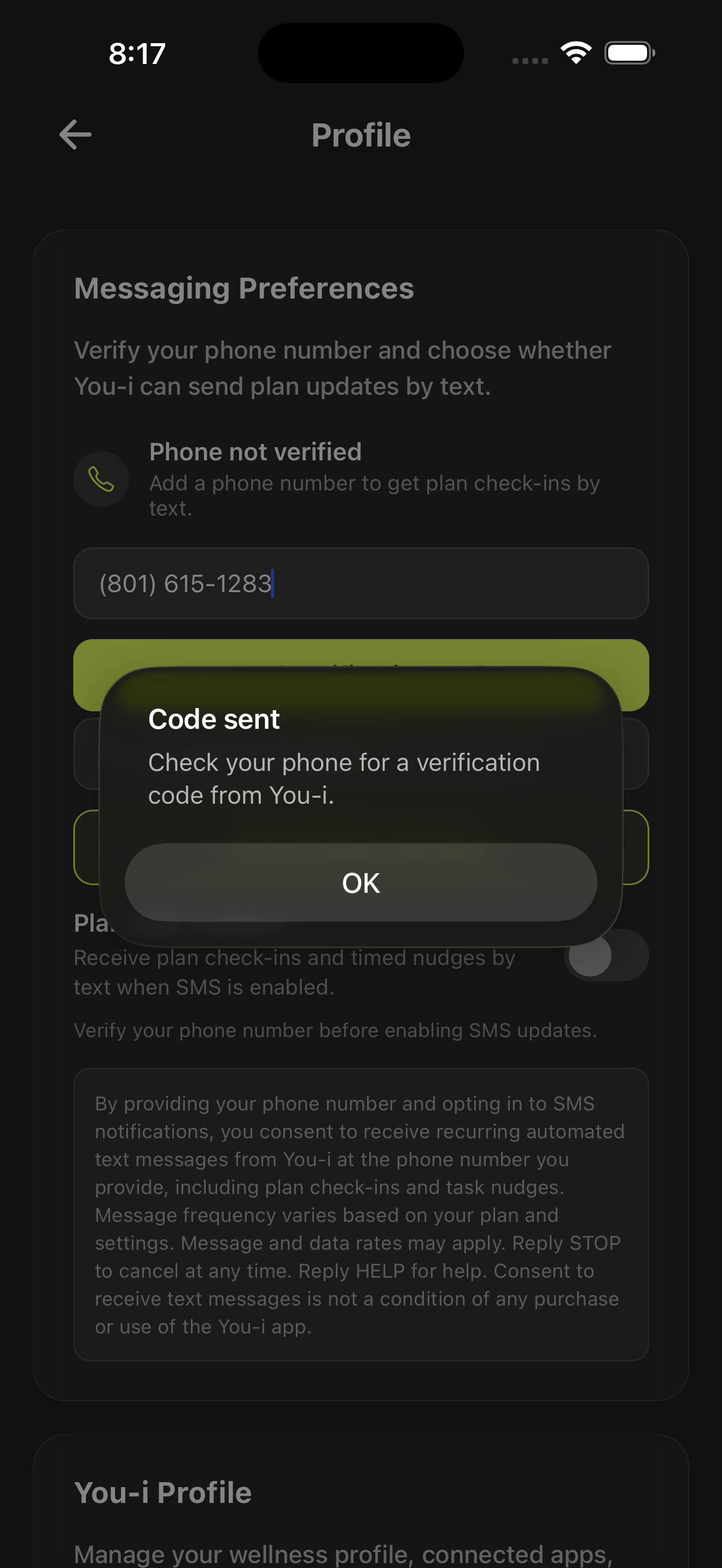 You-i app — Code sent confirmation dialog