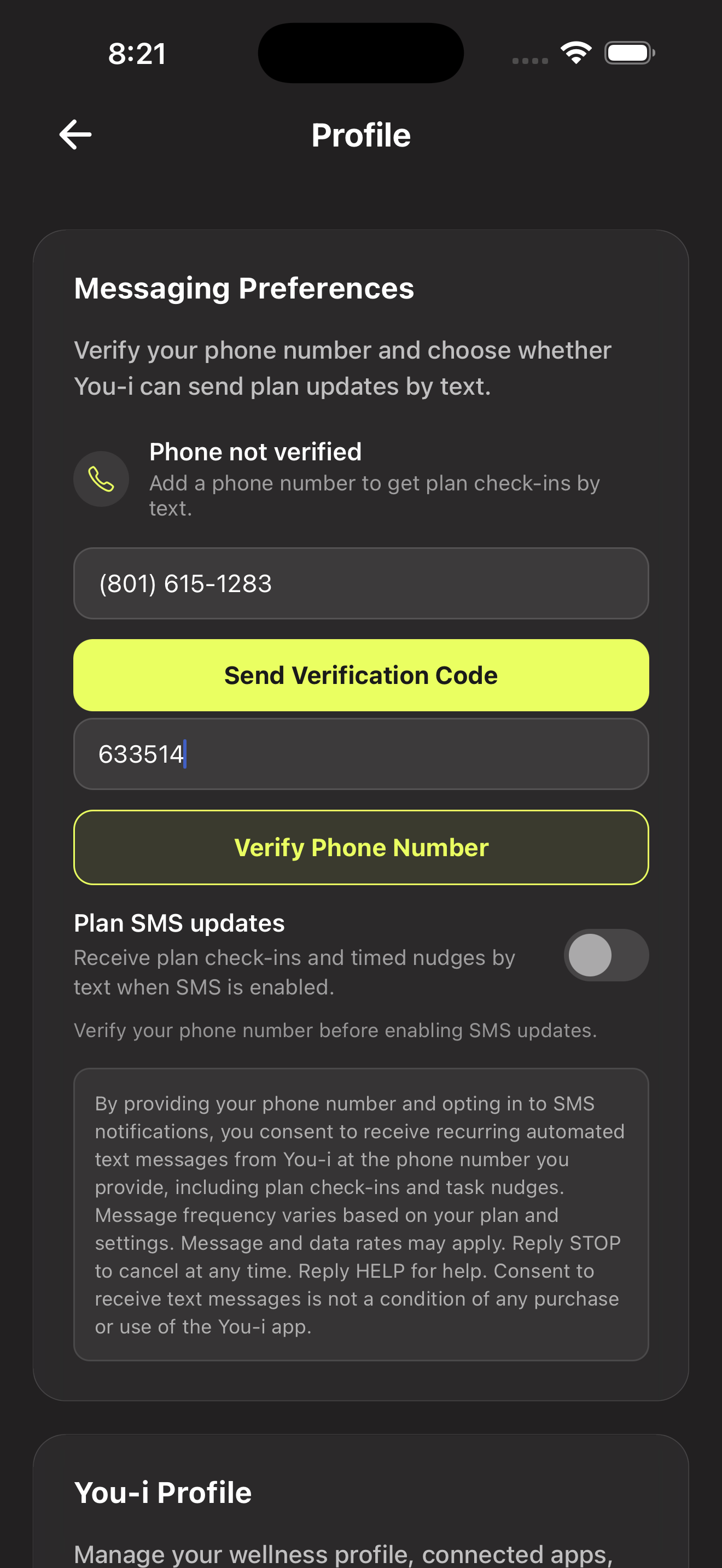 You-i app — OTP entered, Verify Phone Number button visible, consent language visible