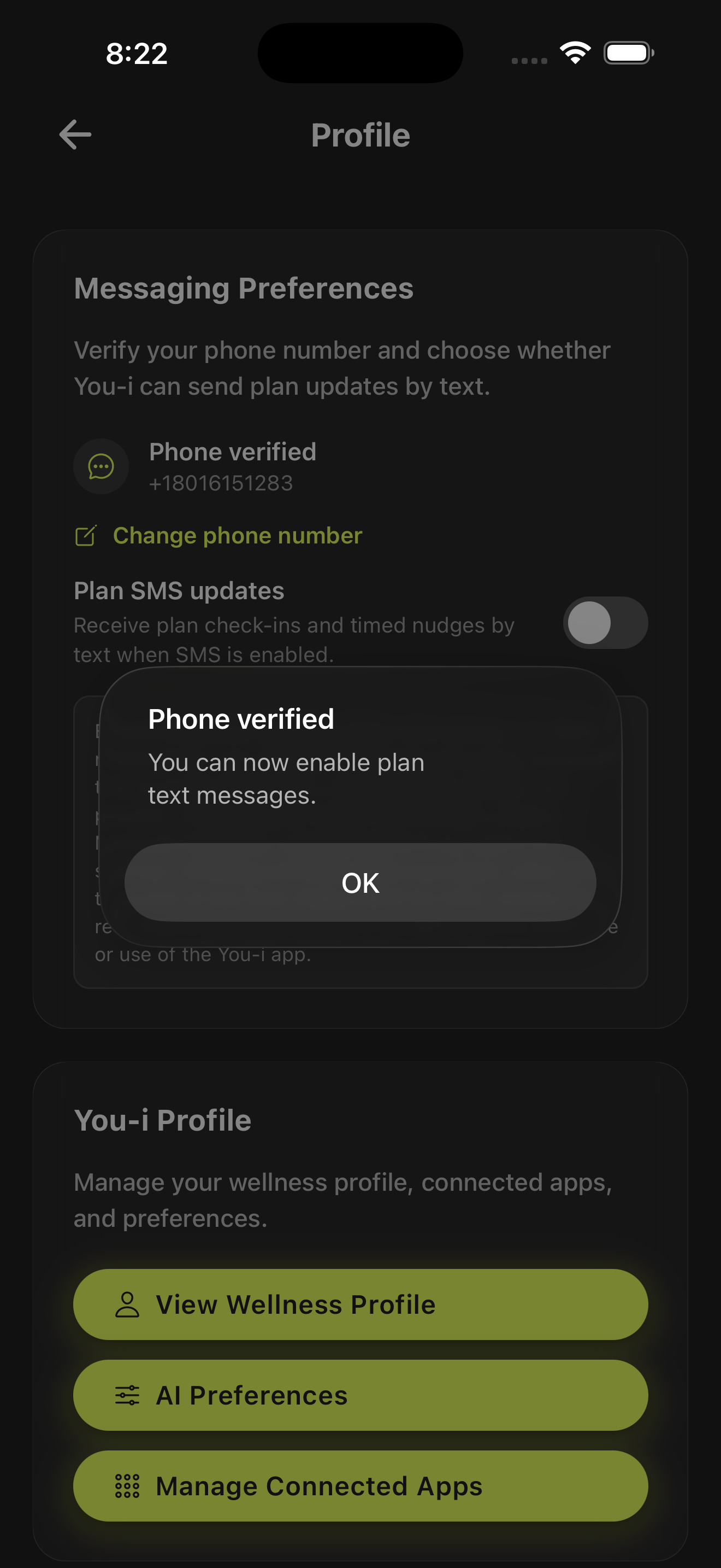You-i app — Phone verified success dialog, SMS toggle still off