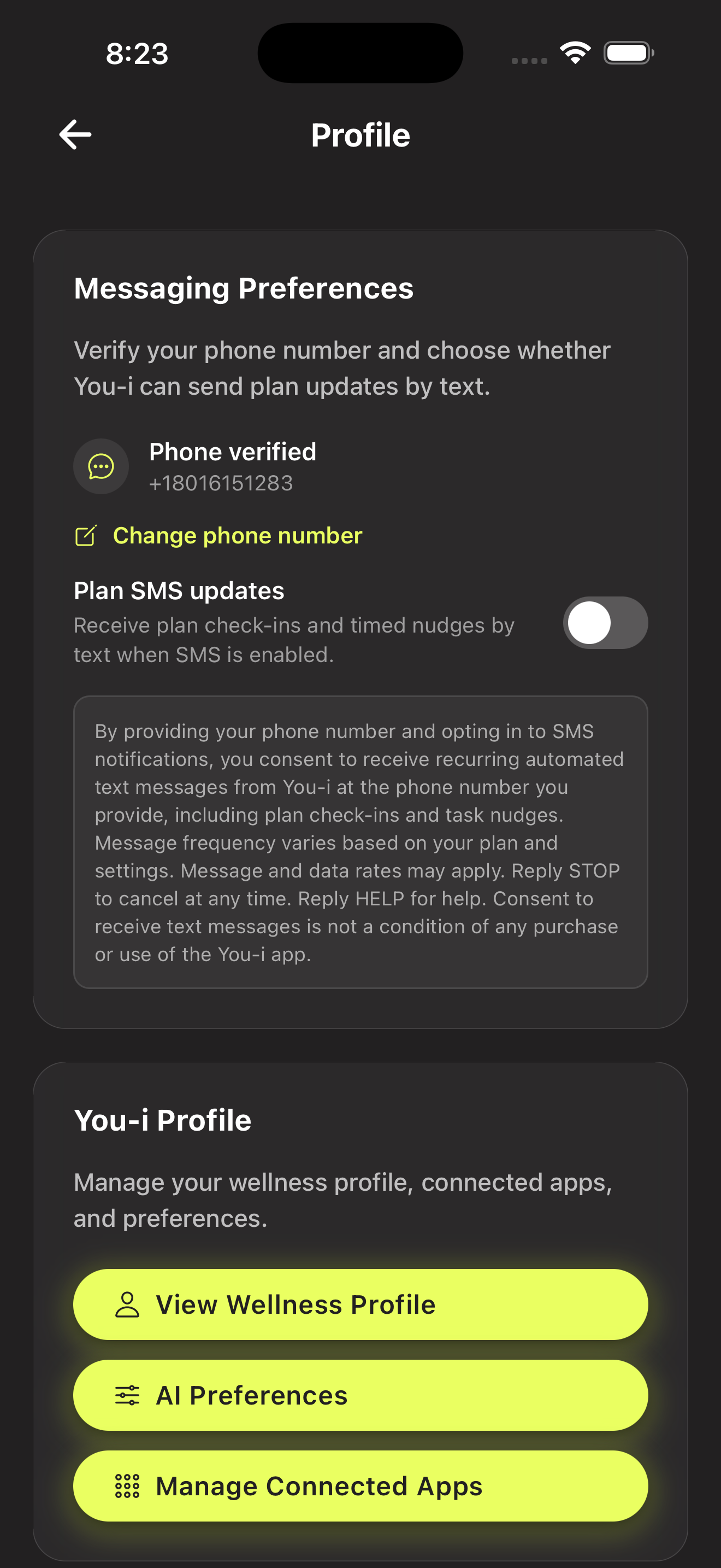 You-i app — phone verified, SMS toggle off, consent language visible