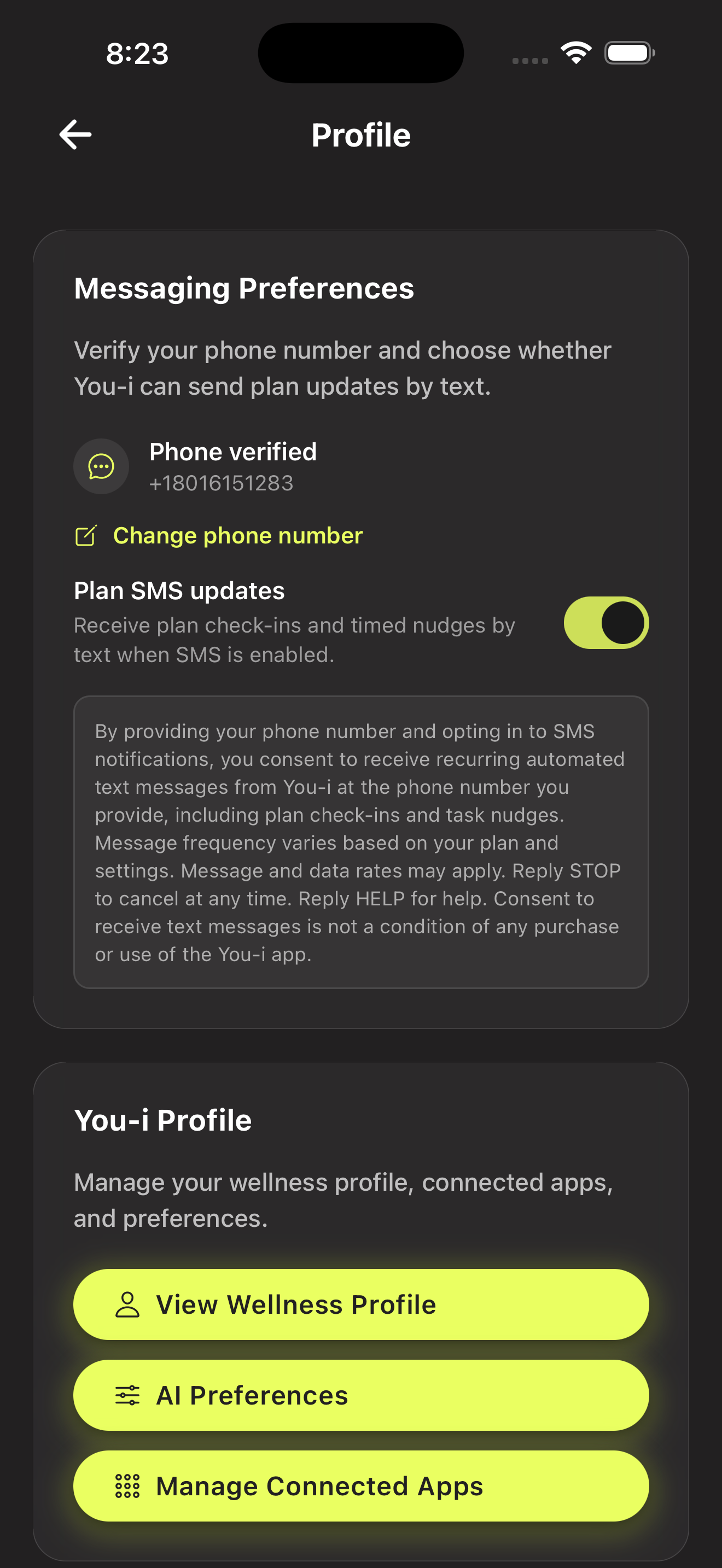 You-i app — SMS toggle enabled with consent language visible at point of opt-in